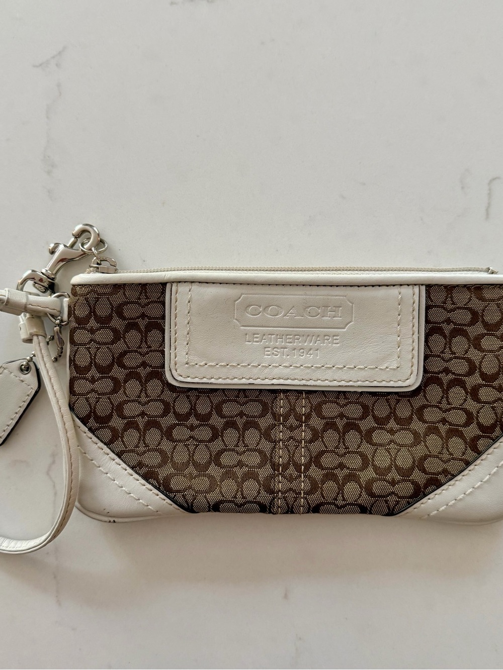 Coach Brown Signature Canvas Wristlet with White Leather Trim